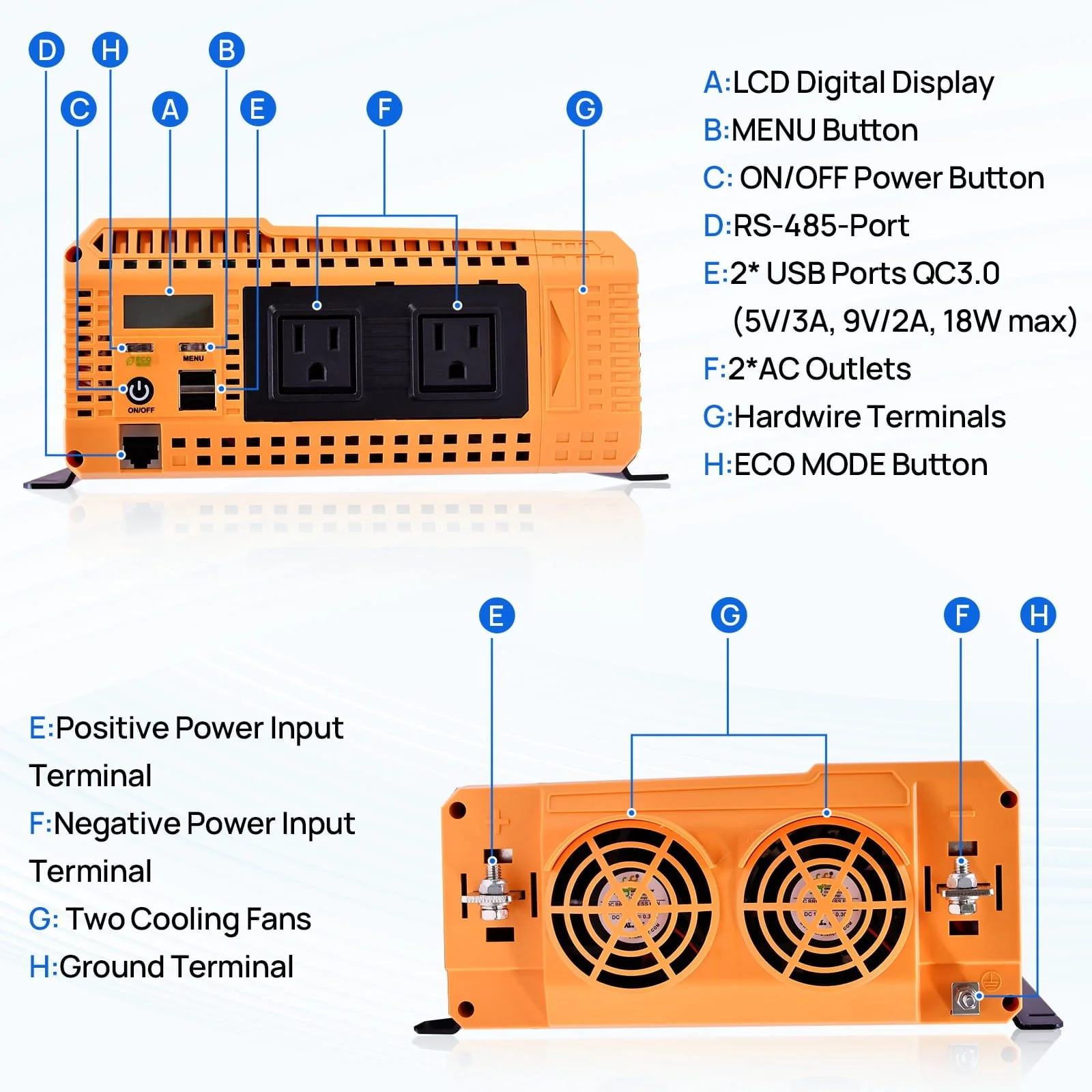 Eco-Worthy 1100W Off Grid Pure Sine Wave Inverter 12V to 110V - Image 7
