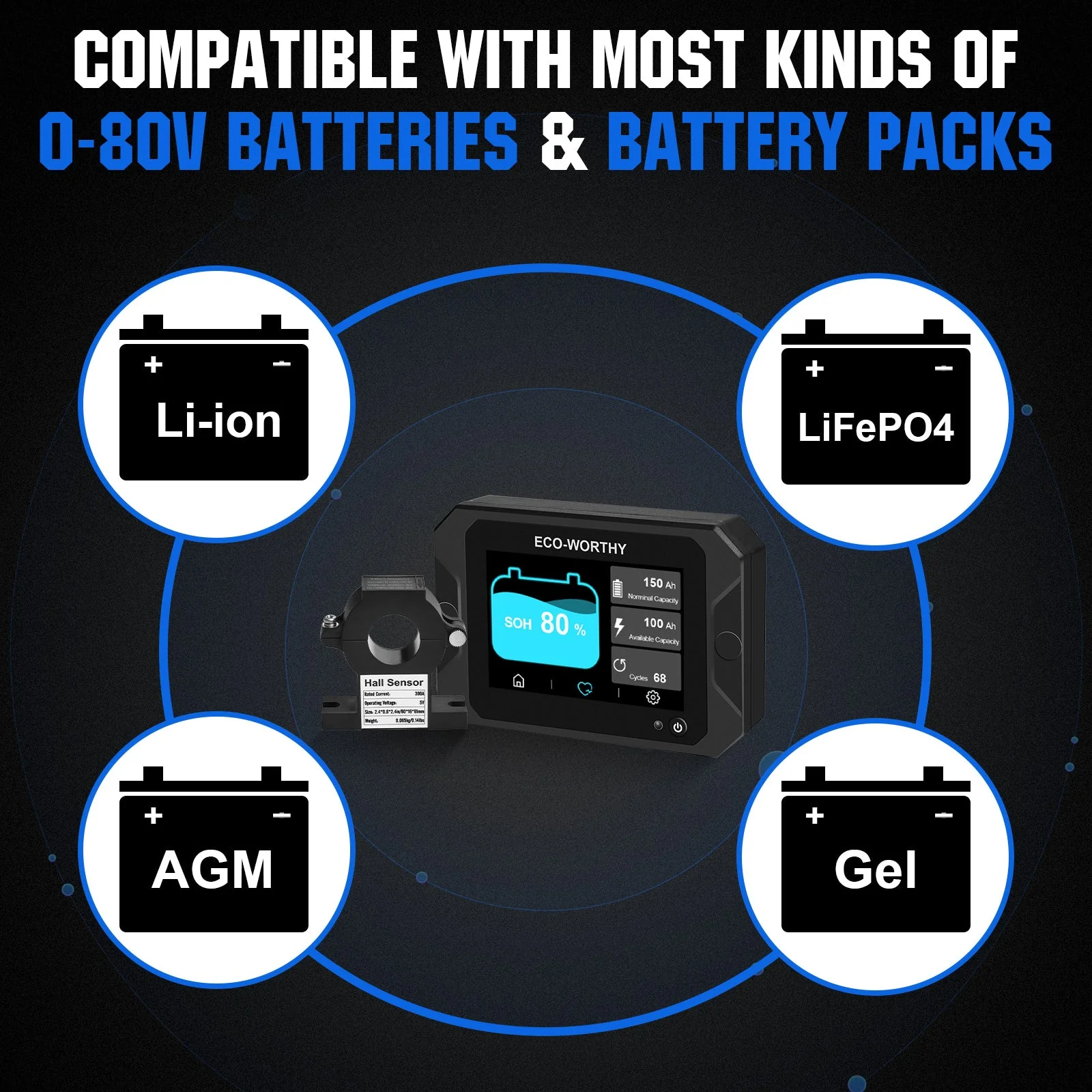 300A 3.5" Touchable Display Battery Monitor with Hall Sensor for AGM and Lithium (LiFePO4) Batteries - Image 5