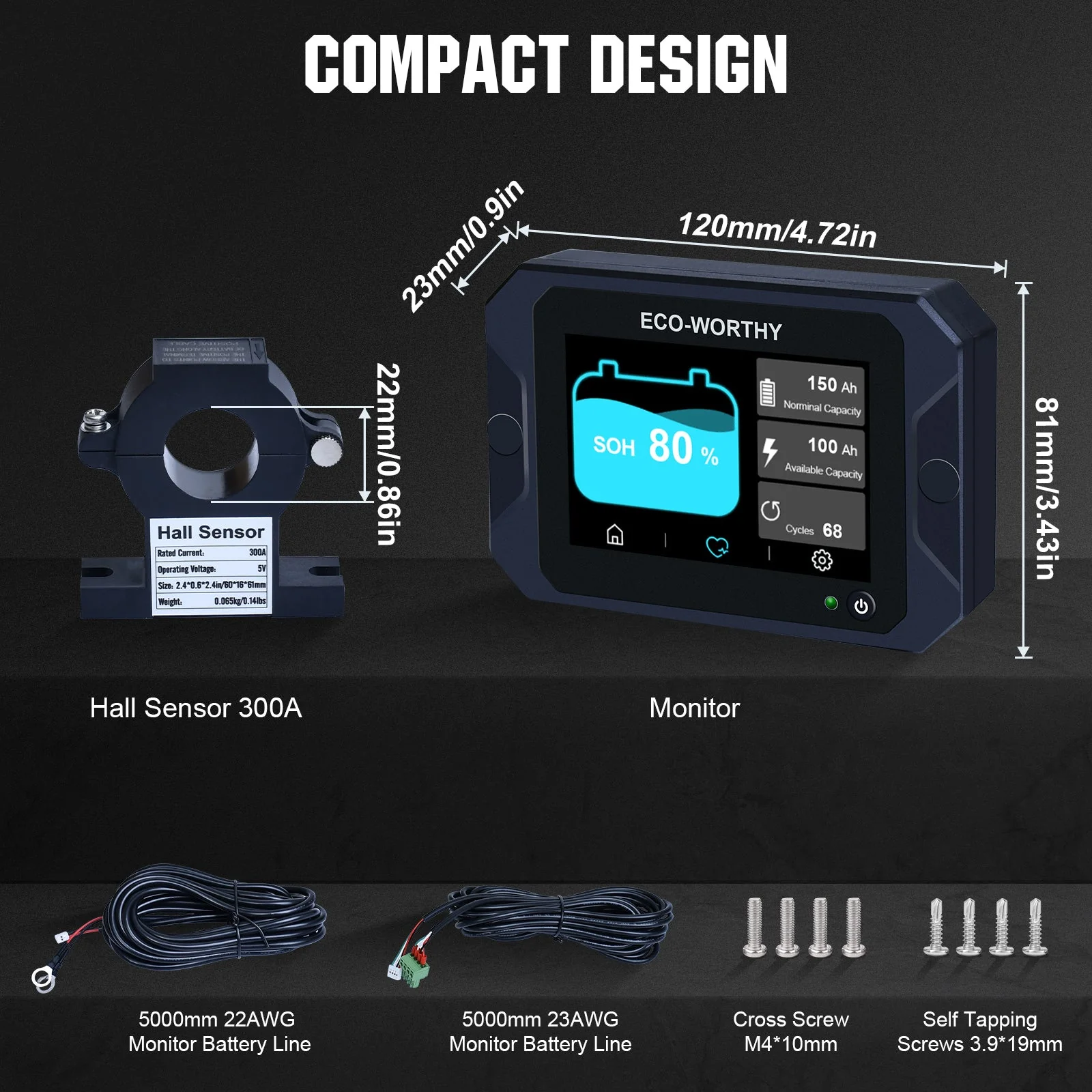 300A 3.5" Touchable Display Battery Monitor with Hall Sensor for AGM and Lithium (LiFePO4) Batteries - Image 6
