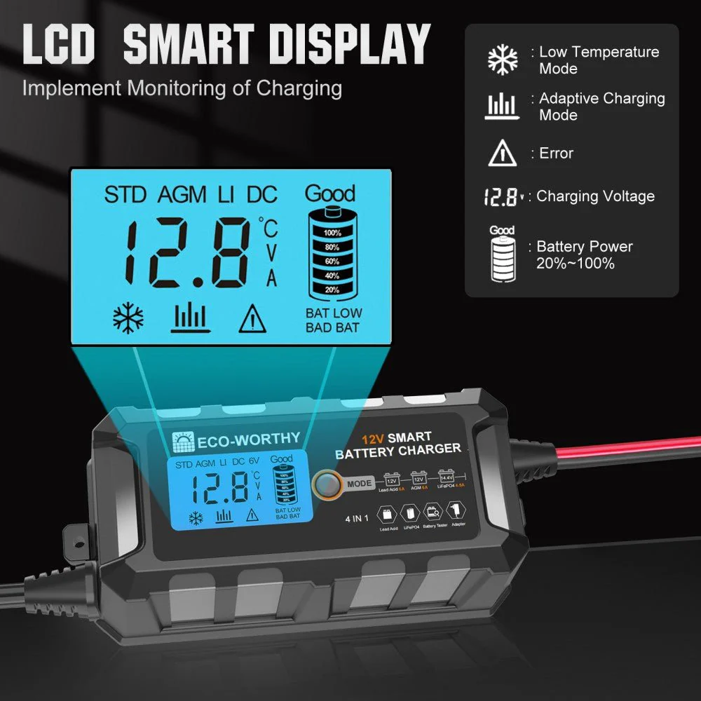 Eco-Worthy 12V 5A & 10A Smart Battery Charger with LCD Display for LiFePO4 Lithium Batteries - Image 4