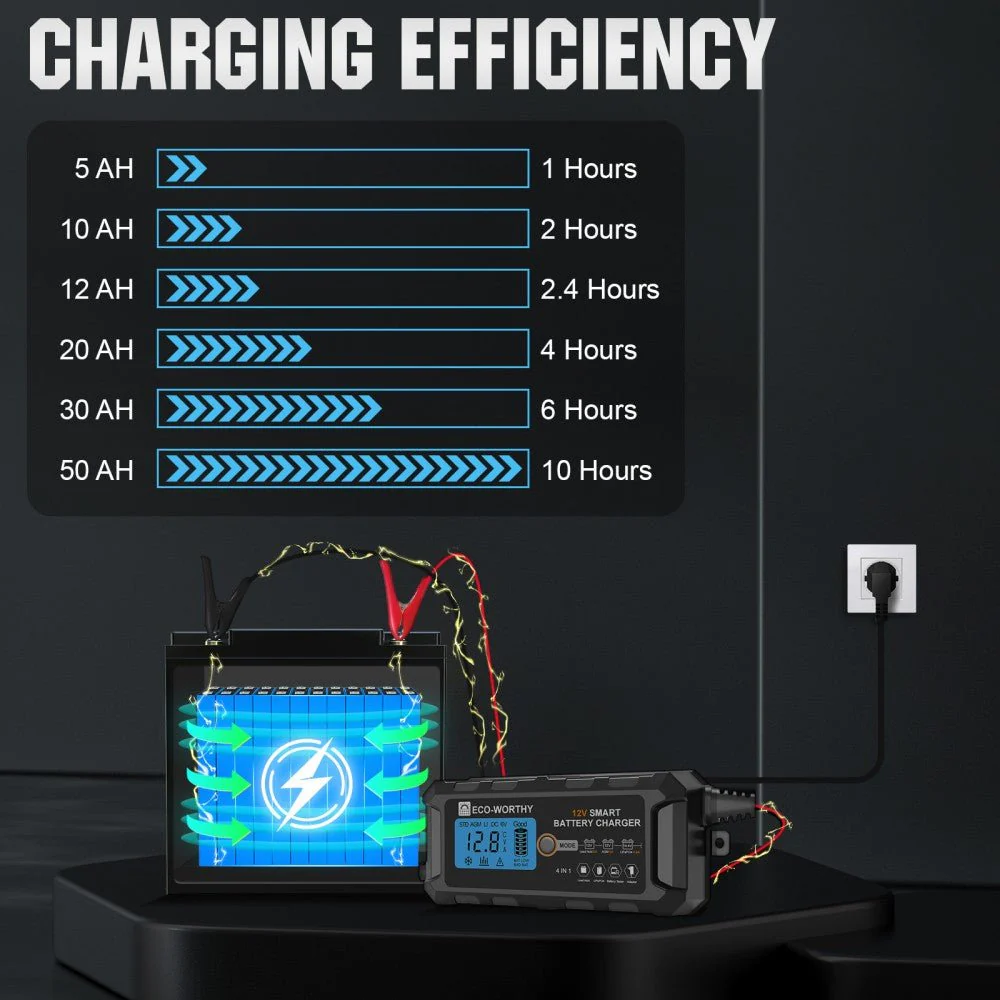 Eco-Worthy 12V 5A & 10A Smart Battery Charger with LCD Display for LiFePO4 Lithium Batteries - Image 6