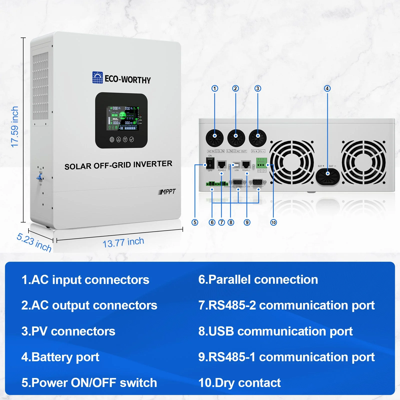 Eco-Worthy 5000W Solar Off-grid AIO inverter | 48Vdc to 120Vac | 5500W@500V PV Input | UL1741 - Image 7