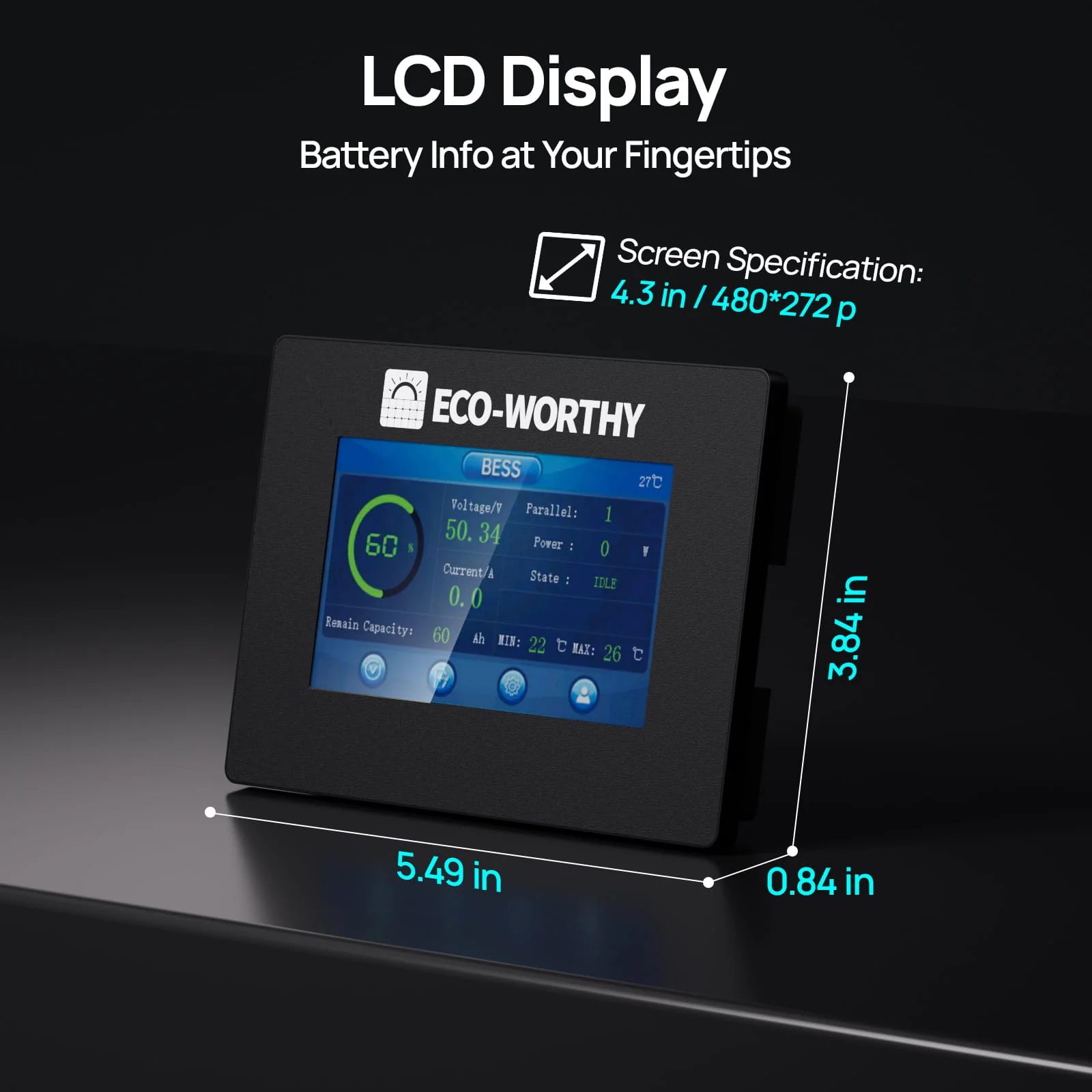 Eco-Worthy ESM100 Touchable Display Battery Monitor for 48V 100AH LiFePO4 Server Rack Battery(V3) - Image 9